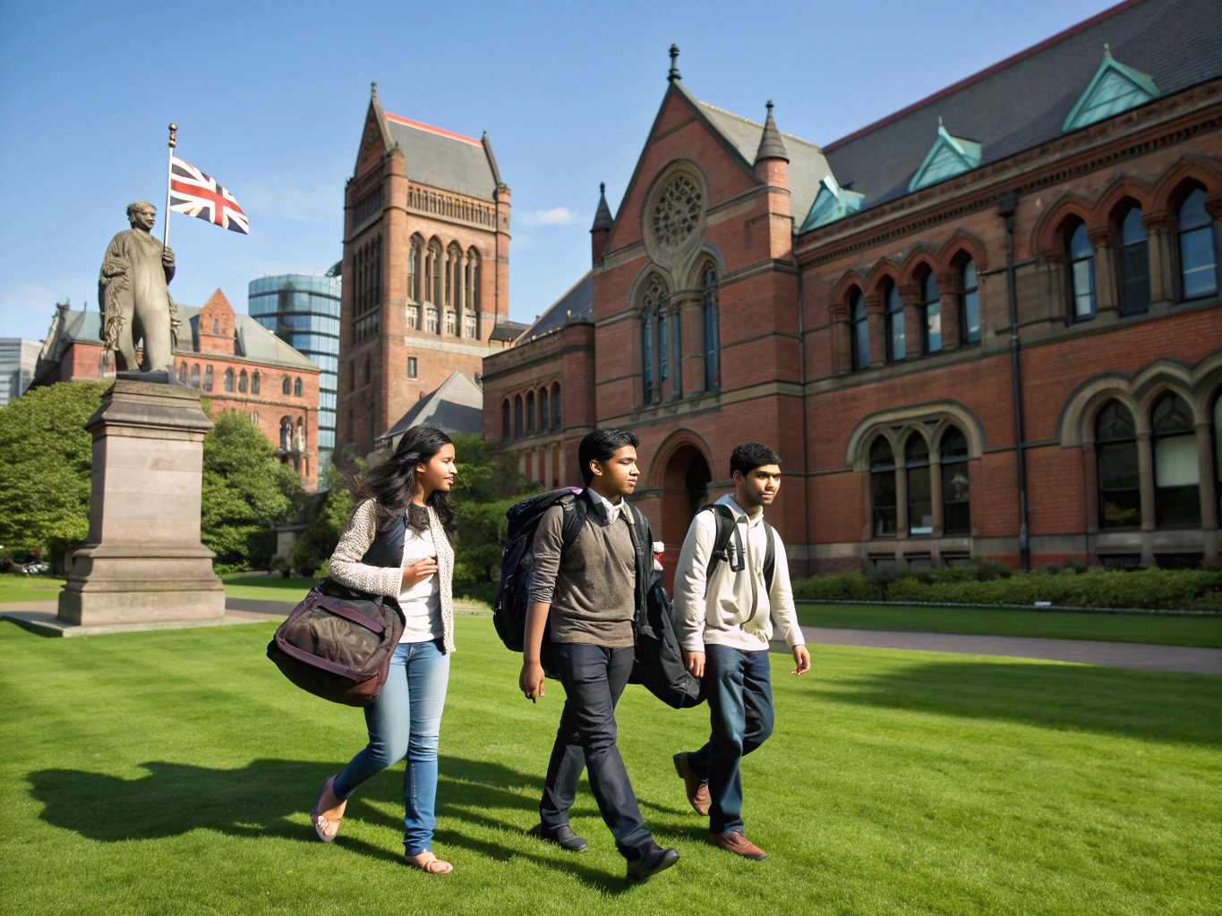 Students walking through a historic British university quad in the United Kingdom