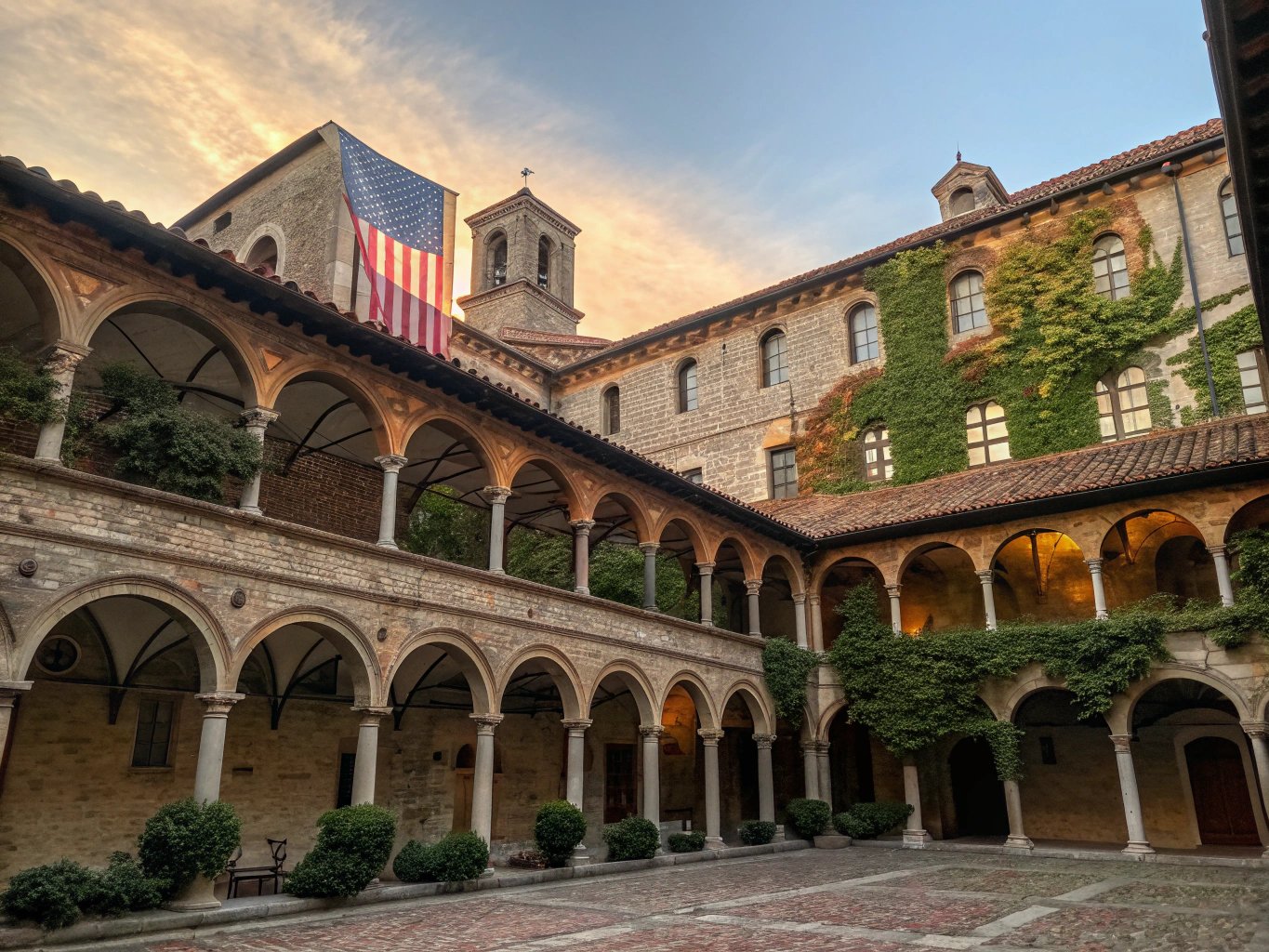 Historic university courtyard and students studying in Italy