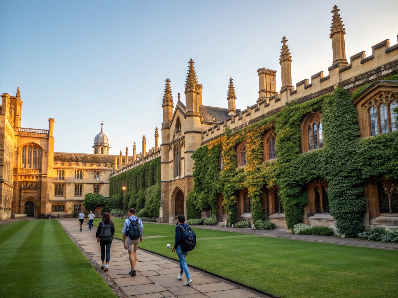 Historic British university campus with students studying outdoors