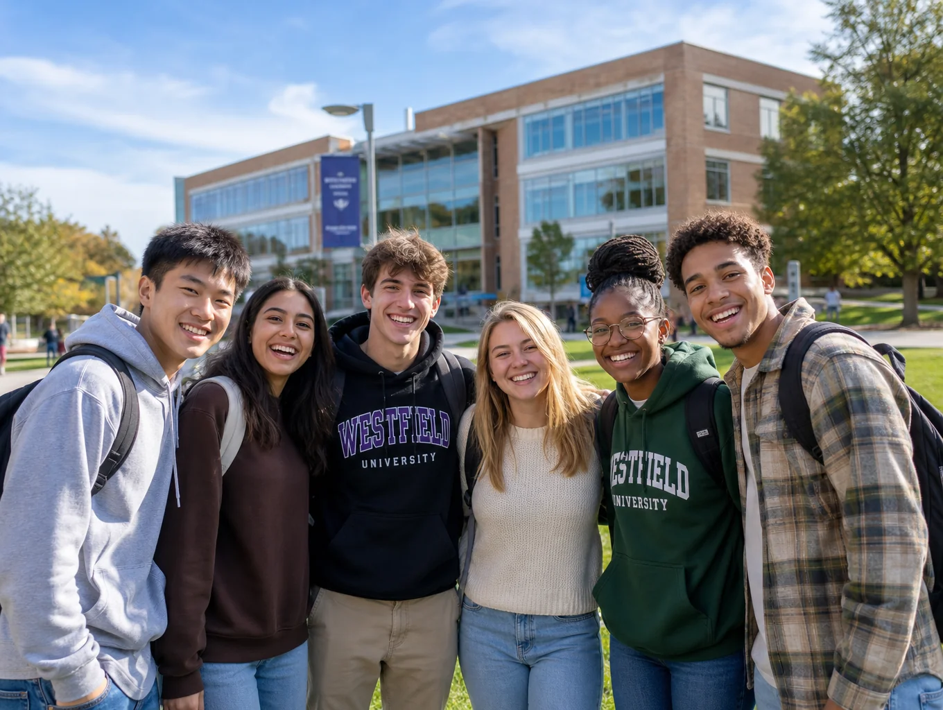 Students walking through a historic and modern United Kingdom university campus